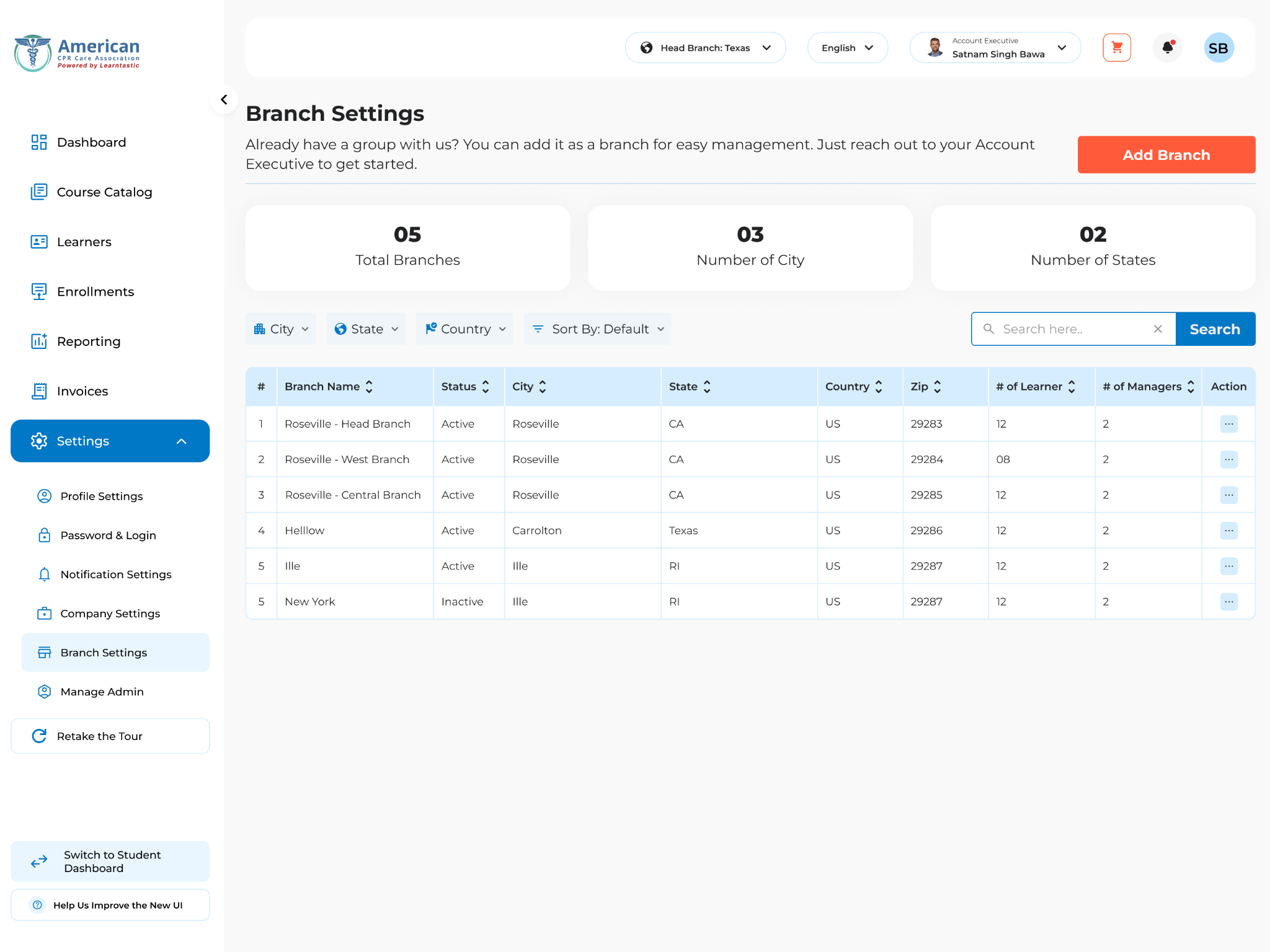 The branch settings screen, with totals for branches, cities, and states above a table of each branch’s name, status, city, state, learner count, and number of managers.