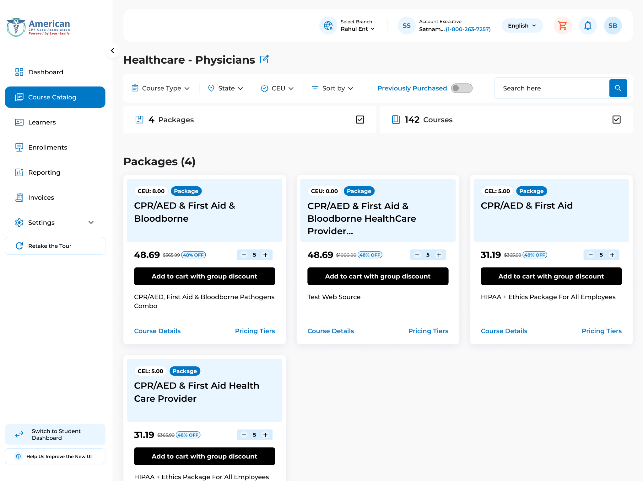 The course catalog filtered to healthcare physicians, showing package cards for CPR, AED, first aid, and bloodborne pathogens training with CEU values, group-discount pricing, and quantity selectors.