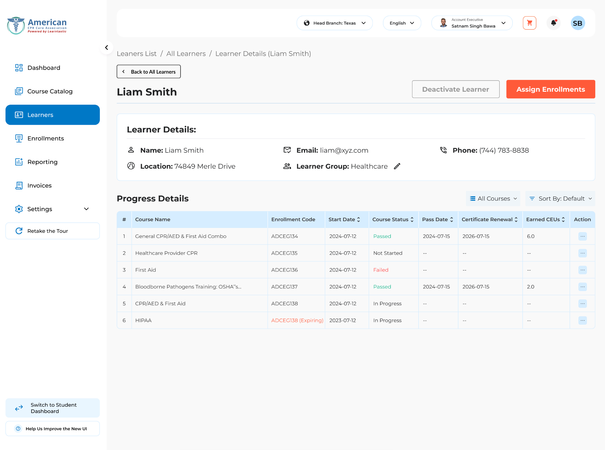 A learner detail page with contact and group information, an “Assign enrollments” button, and a progress table listing each course with its enrollment code, start date, status, and earned CEUs.
