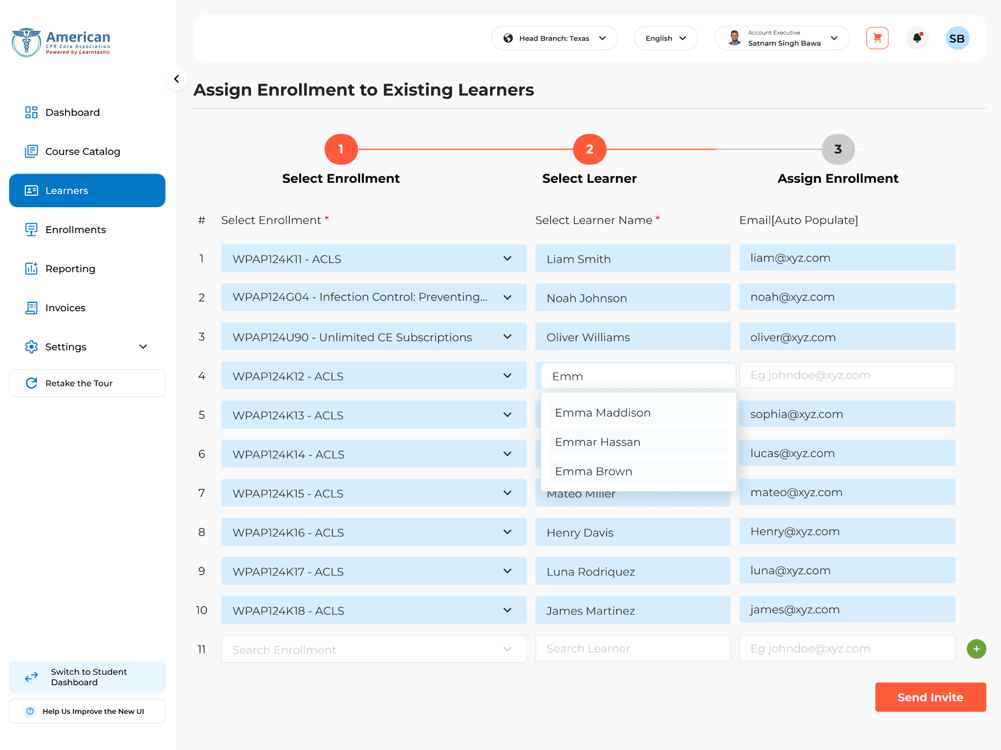 The “Assign enrollment to existing learners” screen, with a three-step progress bar and rows pairing each enrollment with a learner name and auto-populated email, ready to send invites.