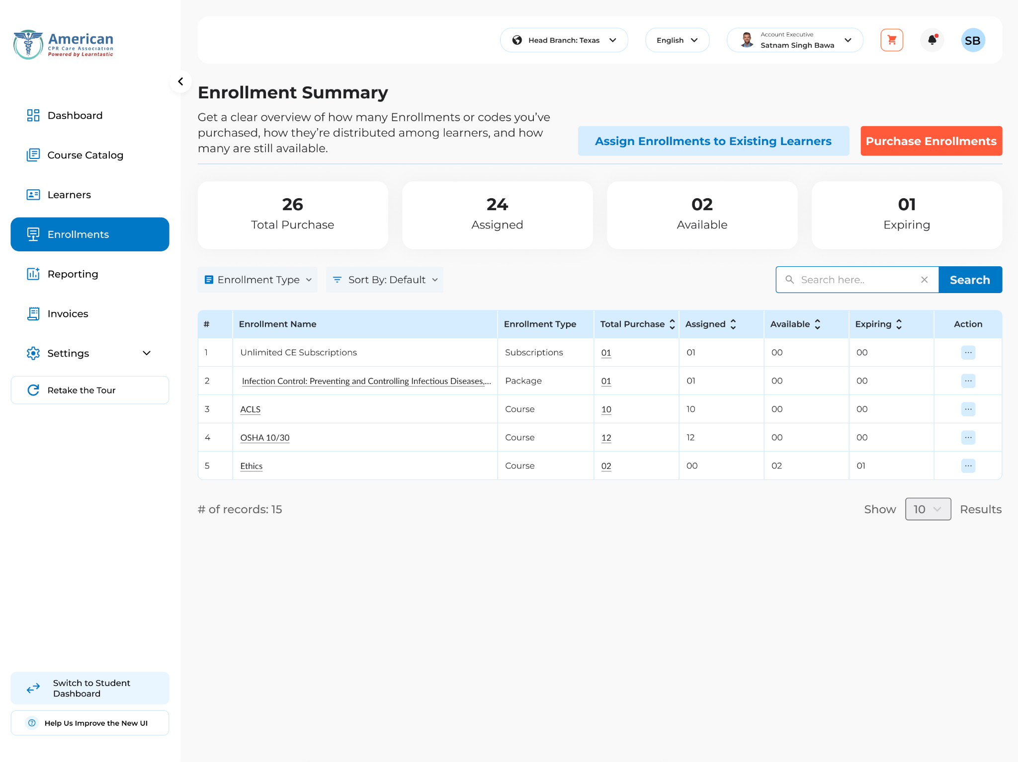 The enrollment summary screen, with totals for purchased, assigned, available, and expiring enrollments above a table breaking each enrollment down by type and count.