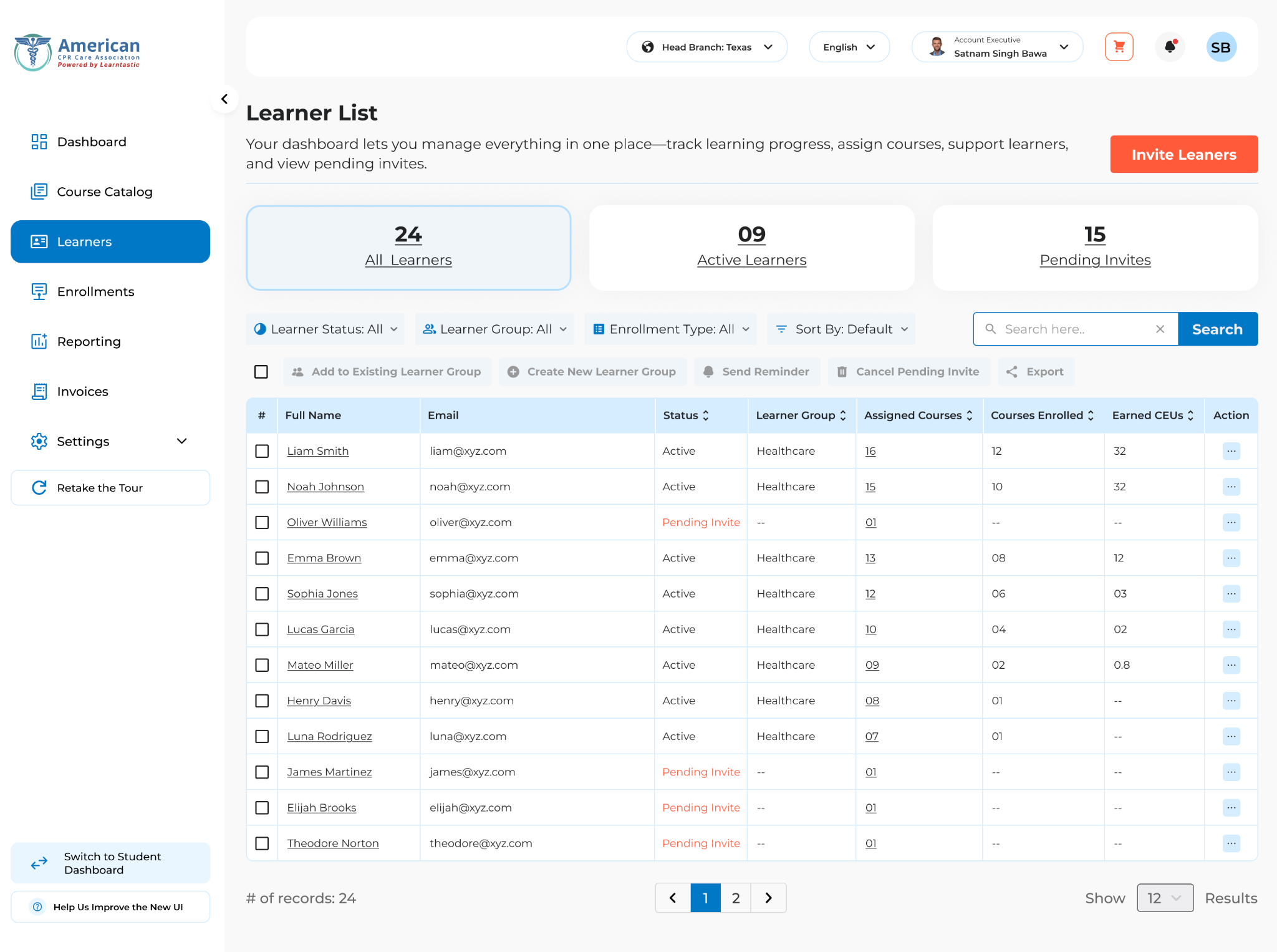 The learner list, with tiles for all learners, active learners, and pending invites above a filterable table showing each person’s status, learner group, assigned courses, courses enrolled, and earned CEUs.